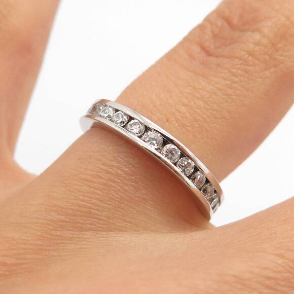 925 Sterling Silver Pave C Z All Around Eternity Band Ring Size 5 - Picture 2 of 7